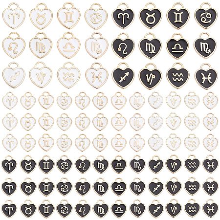 PandaHall Elite 12 Constellation Heart Charms, 96pcs Zodiac Sign Enamel Pendants Double Sided Birthday Sign Lucky Charm Astrology Horoscope Pendant for DIY Bracelet Necklace Earring Making (Black White)