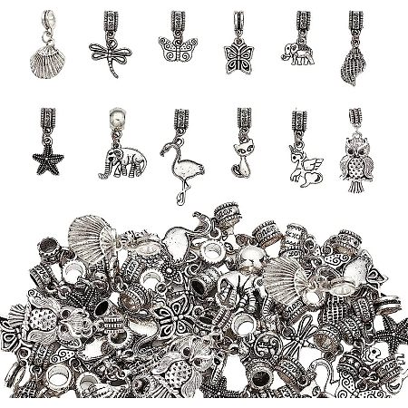 CHGCRAFT 48Pcs 12 Styles Alloy Dangle Spacer Beads European Dangle Beads Antique Silver Butterfly Elephant Owl Charm for European Snake Chain Bracelet Necklace Making, 21~30mm Length