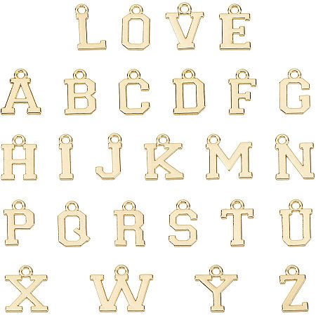 PandaHall Elite 52pcs Letter Charms, 14K Gold Plated Initial Letter Metal Charms A-Z Alphabetic Loose Beads Letter Dangle Pendants for Valentine's Day Mother’s Day Christmas Necklace Bracelet Making