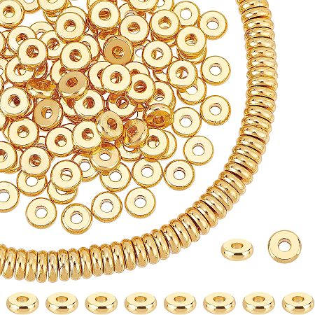PandaHall Elite 150pcs Flat Heishi Spacer Beads 18K Gold Plated Beads Disc Loose Beads Brass Flat Round Metal Beads for Heishi Clay Beads Summer Hawaii Stackable Necklace Bracelet Jewelry Making