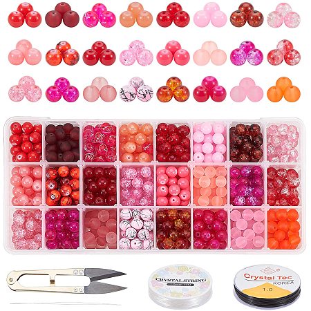 PH PandaHall 24 Color 8mm Glass Beads 7 Style Red Series Round Loose Beads  Glass Spacer Beads with Scissors, Crystal String, Needles for Necklace  Bracelets Jewelry Making, About 672pcs Totally 