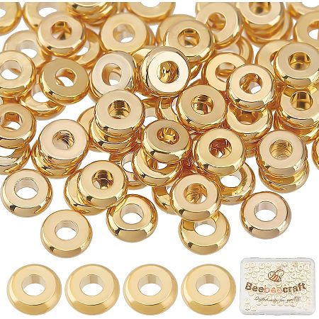Beebeecraft 100Pcs/Box Flat Round Spacer Beads 18K Gold Plated Disc Loose 4mm Jewelry Making Beads for DIY Bracelet Earring Necklace