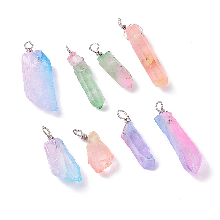 ARRICRAFT Electroplate Natural Quartz Crystal Pendants, Dyed, with Copper Wire Wrapped, Nuggest, Faceted, Mixed Color, 34.5~54x8.5~18x8.5~10.5mm, Hole: 3.7~4.3mm