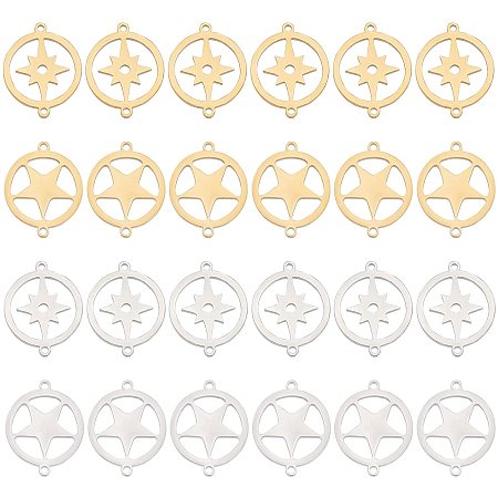 UNICRAFTALE 24pcs 2 Colors Flat Round with Star Connector Links Stainless Steel Links Charm Metal Connector Charms for Jewelry Making 1mm Hole