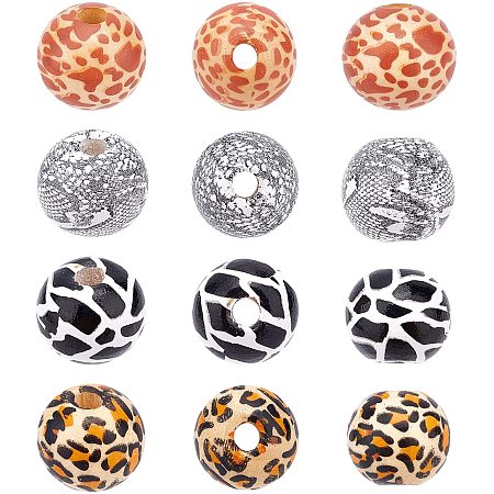 SUPERFINDINGS 40Pcs 4 Style Printed Natural Wooden Beads Milk Cow Pattern Wood Spacer Beads Round Leopard Print Wood Spacer Beads Wooden Ball with Large Hole for DIY Crafting Jewelry Making