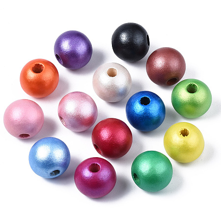 Honeyhandy Painted Natural Wood European Beads, Pearlized, Large Hole Beads, Round, Mixed Color, 16x14.5mm, Hole: 4mm
