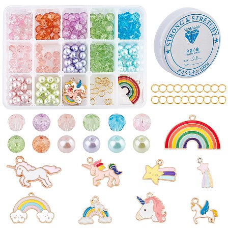 SUNNYCLUE DIY Colorful Unicorns Theme Bracelet Making, with Alloy Enamel Pendants, Glass Beads, Glass Pearl Beads and Clear Elastic Crystal Thread, Mixed Shapes, Mixed Color