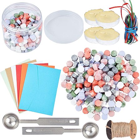 CRASPIRE Sealing Wax Beads Wax Seal Kit, include Wax Seal Spoon, Vintage Envelopes, Hemp String, Satin Ribbon, Mixed Color, 9x5mm