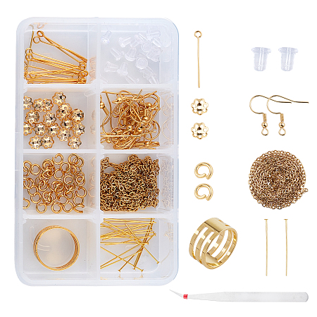 SUNNYCLUE DIY Earring Making Kits, with 304 Stainless Steel Cable Chains & Bead Caps & Earring Hooks, Stainless Iron Tweezers and Brass Wide Band Ring Components, Golden, 3x2x0.5mm