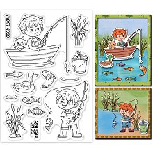 GLOBLELAND Fishing Clear Stamps Boy Cat Silicone Stamps Boat Duck Fish Rubber Stamps Plants Bucket Silicone Transparent Seal Stamps for Card Making Scrapbooking Photo Album Decor