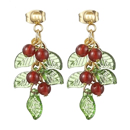 Christmas Natural Carnelian Stud Earring, with Acrylic Charms and 304 Stainless Steel Stud Earring Findings, Green, 34mm