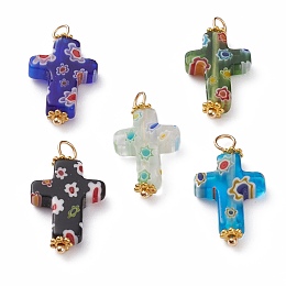 Honeyhandy Handmade Millefiori Glass Pendants, with Golden Plated Brass Ball Head pins and Alloy Spacer Beads, Cross, Mixed Color, 24.5x13x3.5mm, Hole: 3.5mm