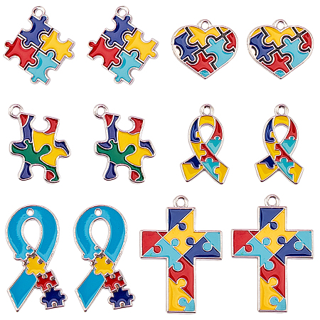 SUNNYCLUE Alloy Enamel Pendants, with Puzzle Autism Symbol, Mixed Shapes, Platinum, 12pcs/box