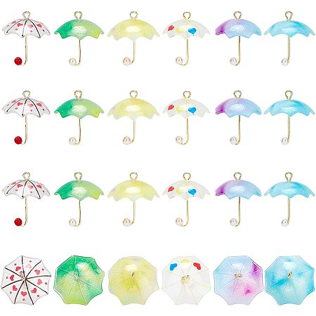 SUNNYCLUE Acrylic Pendants, with Golden Plated Brass Loops and ABS Plastic Imitation Pearl, Umbrella, Mixed Color, 20~21x20x20mm, Hole: 1.6mm; 6 colors, 4pcs/color, 24pcs/set