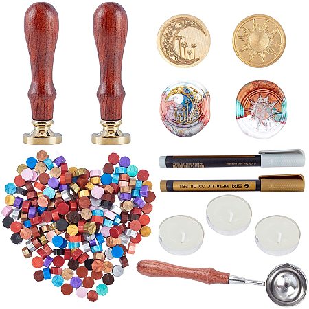 CRASPIRE DIY Scrapbook, Brass Wax Seal Blank Stamp Head and Wood Handle Sets, Wax Sealing Stamp Melting Spoon, Candle, Metallic Markers Paints Pens and Sealing Wax Particles, Sun Pattern, 90mm