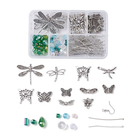 SUNNYCLUE DIY Butterfly & Dragonfly Earring Making Kits, include Alloy Pendants & Beads & Links, Brass Beads & Earring Hooks, Glass Beads, Antique Silver, 166pcs/box