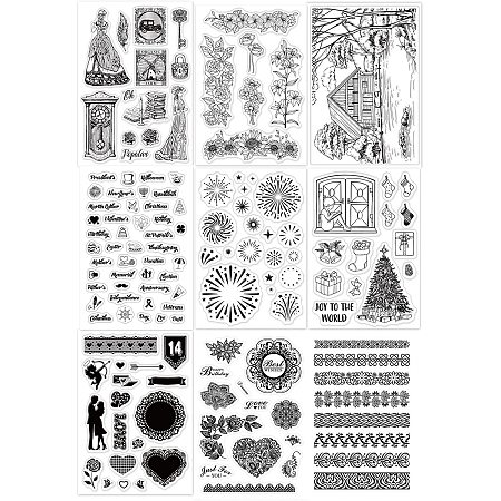 GLOBLELAND 9 Sheets Mixed Silicone Clear Stamps Set for Card Making Decoration and DIY Scrapbooking(Lace Corner Greetings Fireworks Valentine's Day Winter Christmas)