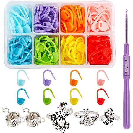 NBEADS 168 Pcs Stitch Markers Knitting Kit, Include ABS Knitting Crochet Locking Stitch Markers Holder, Crochet Hooks, Knitting Thimble Finger Ring and Adjustable Cuff Rings for Weaving and Sewing