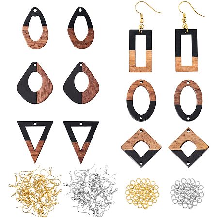 OLYCRAFT 132PCS Resin Wooden Earring Pendants Rhombus Ring Teardrop Triangle Shape Wood Statement Jewelry Findings with Earring Hooks Jump Rings for Necklace Jewelry Making - 6 Styles