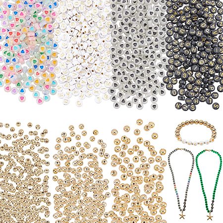 PandaHall Elite 1700pcs Jewelry Making Bead Kit, 400pcs 7x4mm White Black Letter Loose Beads 400pcs Heart Beads 900pcs 3 5 8mm CCB Plastic Golden Beads for Earring Bracelet Necklace Jewelry DIY Craft