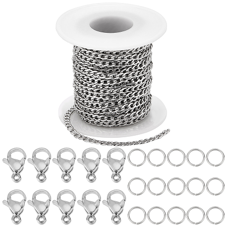 SUNNYCLUE DIY Chain Necklaces Making Kits, Including 304 Stainless Steel Cuban Link Chains & Lobster Claw Clasps & Open Jump Rings, Stainless Steel Color
