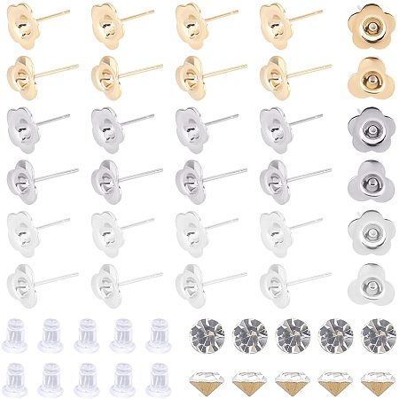 UNICRAFTALE About 60pcs 2 Styles 3 Colors Flower Stud Earrings About 3mm Trays 3/5 Petals Stud Earrings with 60pcs Glass Pointed Back Rhinestone and Ear Nuts Sparkling Ear Piercing Jewelry