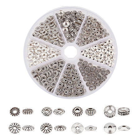 Nbeads 320Pcs 8 Style Tibetan Style Alloy Beads, Flat Round & Donut & Rondelle, Antique Silver, 6~7.5x1~4mm, Hole: 1~2mm, 40pcs/style