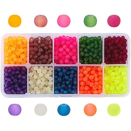 PH PandaHall 2000pcs 4mm Frosted Glass Beads for Jewelry Making, 10 Color Candy Color Frosted Beads Bulk for Necklace Bracelets Earring Making
