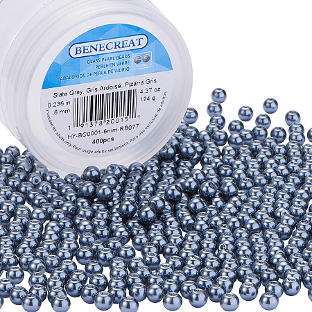 BENECREAT 400 Piece 6 mm Environmental Dyed Pearlize Glass Pearl Round Bead for Jewelry Making with Bead Container, Slate Gray