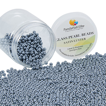 PandaHall Elite 3~3.5mm About 2000 Pcs Tiny Satin Luster Dyed Glass Pearl Round Loose Beads Assorted Lot for Jewelry Making Gray
