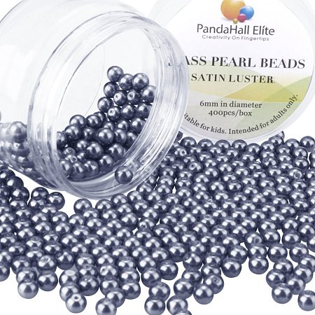 PandaHall Elite 6mm About 400Pcs Tiny Satin Luster Glass Pearl Round Beads Assortment Lot for Jewelry Making Round Box Kit Dim Gray