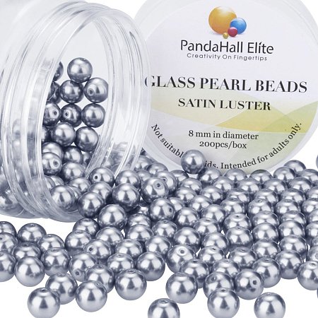 PandaHall Elite 8mm About 200Pcs Tiny Satin Luster Glass Pearl Round Beads Assortment Lot for Jewelry Making Round Box Kit Dim Gray