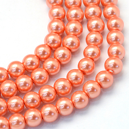 Baking Painted Pearlized Glass Pearl Round Bead Strands, Coral, 6~7mm, Hole: 1mm; about 145pcs/strand, 31.4 inches