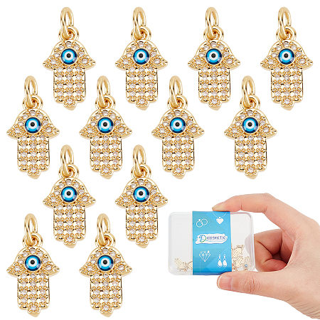 DICOSMETIC 2 Styles 12Pcs Hamsa Hand Pendants Brass Micro Pave Cubic Zirconia Charms Blue Evil Eye Charms Hand of Fatima Protection Charms with Jump Ring for Jewelry Making, Hole: 3.2mm