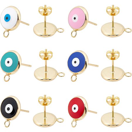 NBEADS 6 Pairs Evil Eye Brass Stud Earring Findings with 20 Pcs Butterfly Earring Backs, 6 Colors Turkish Eye Earring Post Evil Eye Stud Findings for Women Protection Earring Jewelry Making