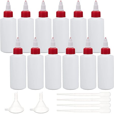 BENECREAT 12 Pack 100ml/3.38oz Empty Plastic Squeeze Bottles Glue Bottles with Red Twist Cap, 2PCS Funnels and 4PCS 2ml Pipettes for Ink Liquid, Oils, Glue