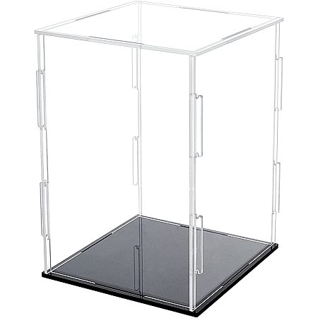 FINGERINSPIRE Acrylic Box with Black Stand and Rubber Band, 4x4 Inch Cube Clear Acrylic Display Cases for Collectibles, Self-Assembly Dustproof Countertop Box for Toys and Collections