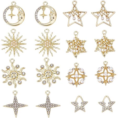 SUPERFINDINGS 32Pcs 8 Style Alloy Pendants with Rhinestone ABS Plastic Imitation Pearl Star Moon Sun Charms Light Gold Pendants Dangle Beads for Jewelry Making