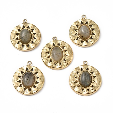 Honeyhandy Vacuum Plating 201 Stainless Steel Natural Labradorite Pendants, Real 18K Gold Plated, Flat Round Charms, 18.5x16x4.5mm, Hole: 1.4mm