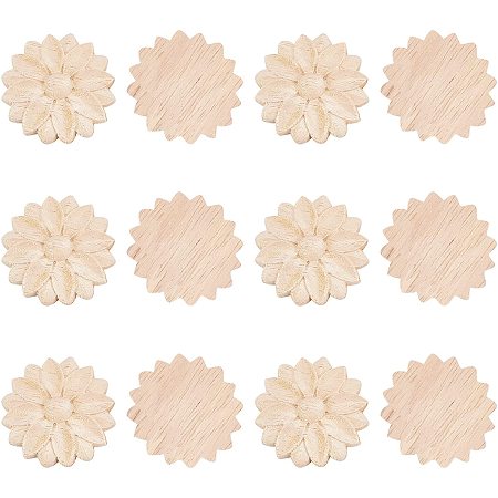 SUPERFINDINGS 12pcs Wood Carved Applique Onlay Furniture Flower Shape Unpainted Decoration Round Wood Carved Decoration Appliques for Front Door Cabinet Decoration, 44x7mm