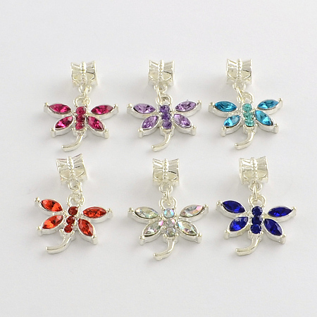 Honeyhandy Alloy Rhinestone Dragonfly European Dangle Charms, Silver Color Plated, Mixed Color, 28mm, Hole: 4.5mm