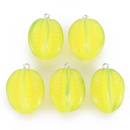 ARRICRAFT Opaque Resin Pendants, with Platinum Tone Iron Loop, Carambola, Champagne Yellow, 28x19.5mm, Hole: 2mm