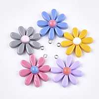 Honeyhandy Resin Pendants, with Platinum Tone Iron Findings, Flower, Mixed Color, 33~34x28~30x8~9mm, Hole: 2mm