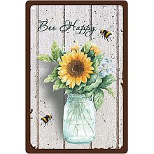 CREATCABIN Bee Happy Metal Tin Sign Sunflower Tin Sign Flower Vase Metal Wall Decor Vintage Iron Painting Retro Plaque Poster for Home Bedroom Living Room Garden Yard Indoor Outdoor 12 x 8 Inch