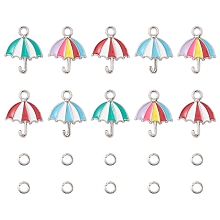 Honeyhandy Umbrella Alloy Enamel Pendants, with Brass Open Jump Rings, Mixed Color, Pendants: 19.5x15x2mm, hole: 2.2mm, 10pcs; Jump Rings: 20 Gauge, 4x0.8mm, Inner Diameter: 2.4mm, 10pcs