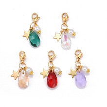 Honeyhandy Faceted Teardrop Glass Pendants, with Glass Pearl Round Beads, Star 304 Stainless Steel Charms & Lobster Claw Clasps, Mixed Color, 34mm