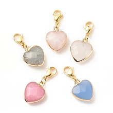 Honeyhandy Natural Gemstone Heart Pendant Decorations, Lobster Clasp Charms, Clip-on Charms, for Keychain, Purse, Backpack Ornament, Stitch Marker, 30mm