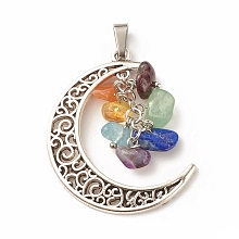 Honeyhandy Natural Mixed Stone Pendants, Natural Garnet & Red Aventurine & Green Aventurine & Amethyst & Citrine & Aquamarine & Lapis Lazuli, with Antique Silver tone Alloy Findings, Moon, 40x30x1.8mm, Hole: 6.5x4.5mm