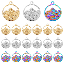 DICOSMETIC 18Pcs 3 Colors 304 Stainless Steel Pendants, Flat Round with Mountain Charm, Mixed Color, 24x20x3mm, Hole: 1.8mm, 6pcs/color