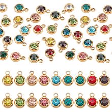 UNICRAFTALE 24Pcs 12 Colors Rhinestone Charms Flat Round Real 18K Gold Plated Birthstone Charms with Vacuum Plating 303 Stainless Steel Finding, 1.5mm Hole Dangle Charms Jewelry Making Charms